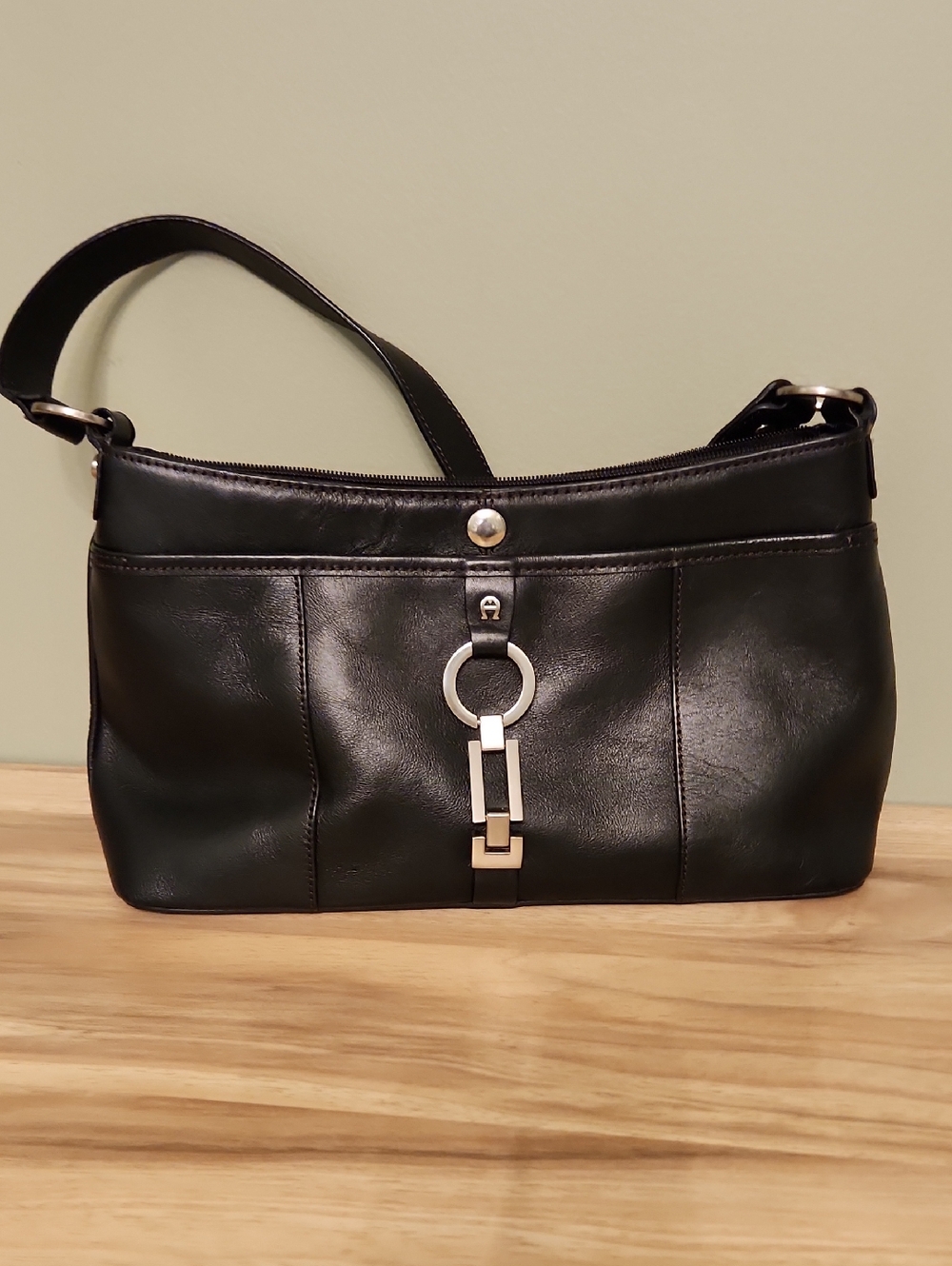 Etienne Aigner Black Leather Shoulder Bag with Silver Accent
